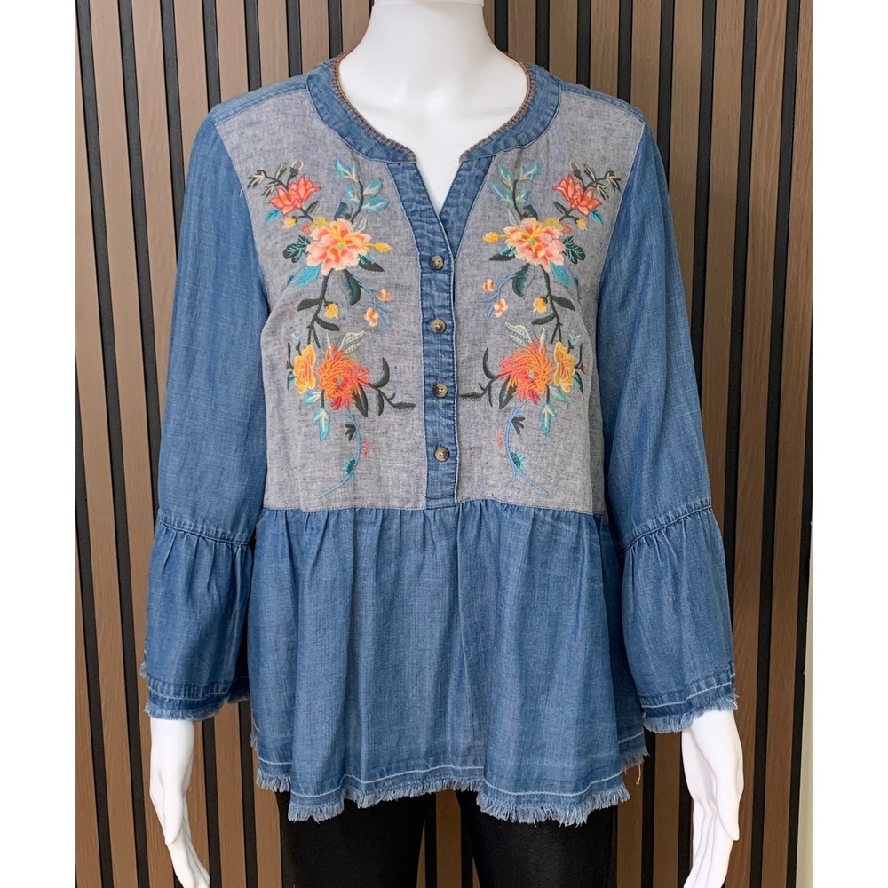 John Mark Floral Embroidered Chambray Tunic Top Blue Lyocell‎ Linen S Boho Art
